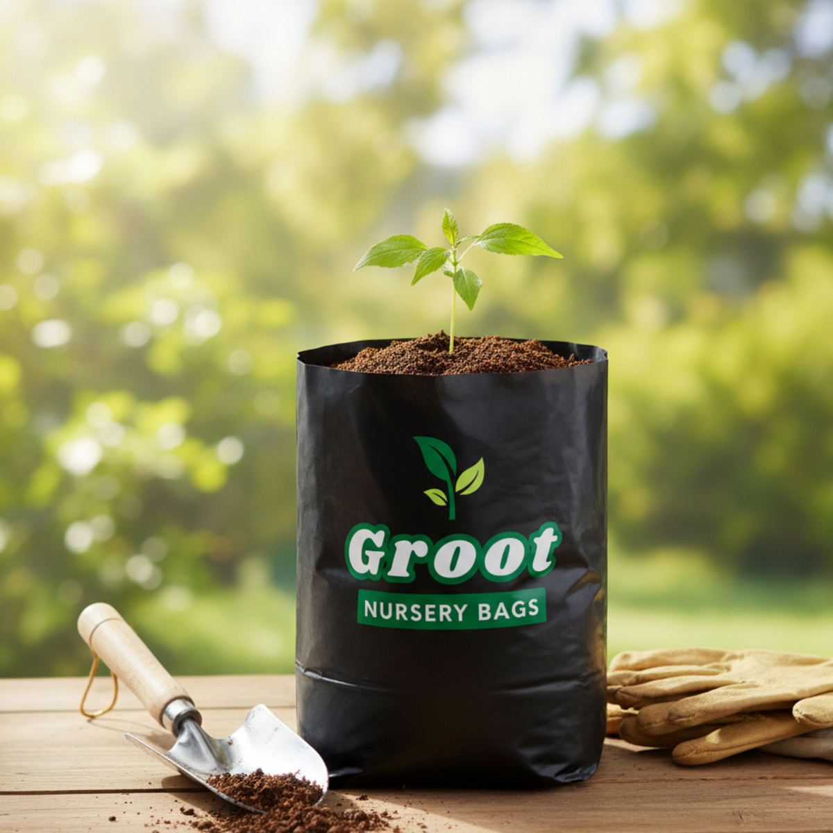 A black Groot Nursery Bag filled with soil, holding a small green plant, set on a wooden table with gardening gloves and a small trowel. The background is a soft-focus green garden.