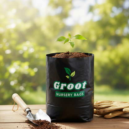 A black Groot Nursery Bag filled with soil, holding a small green plant, set on a wooden table with gardening gloves and a small trowel. The background is a soft-focus green garden.