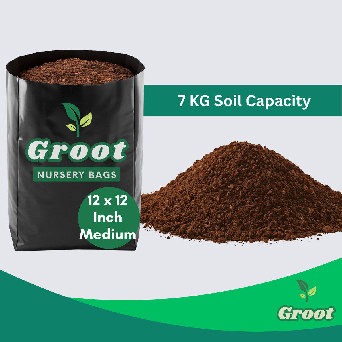 A black Groot Nursery Bags 5x5 Xtra Small bag filled with soil, shown next to a pile of brown soil on a light gray background with green and white text banners.