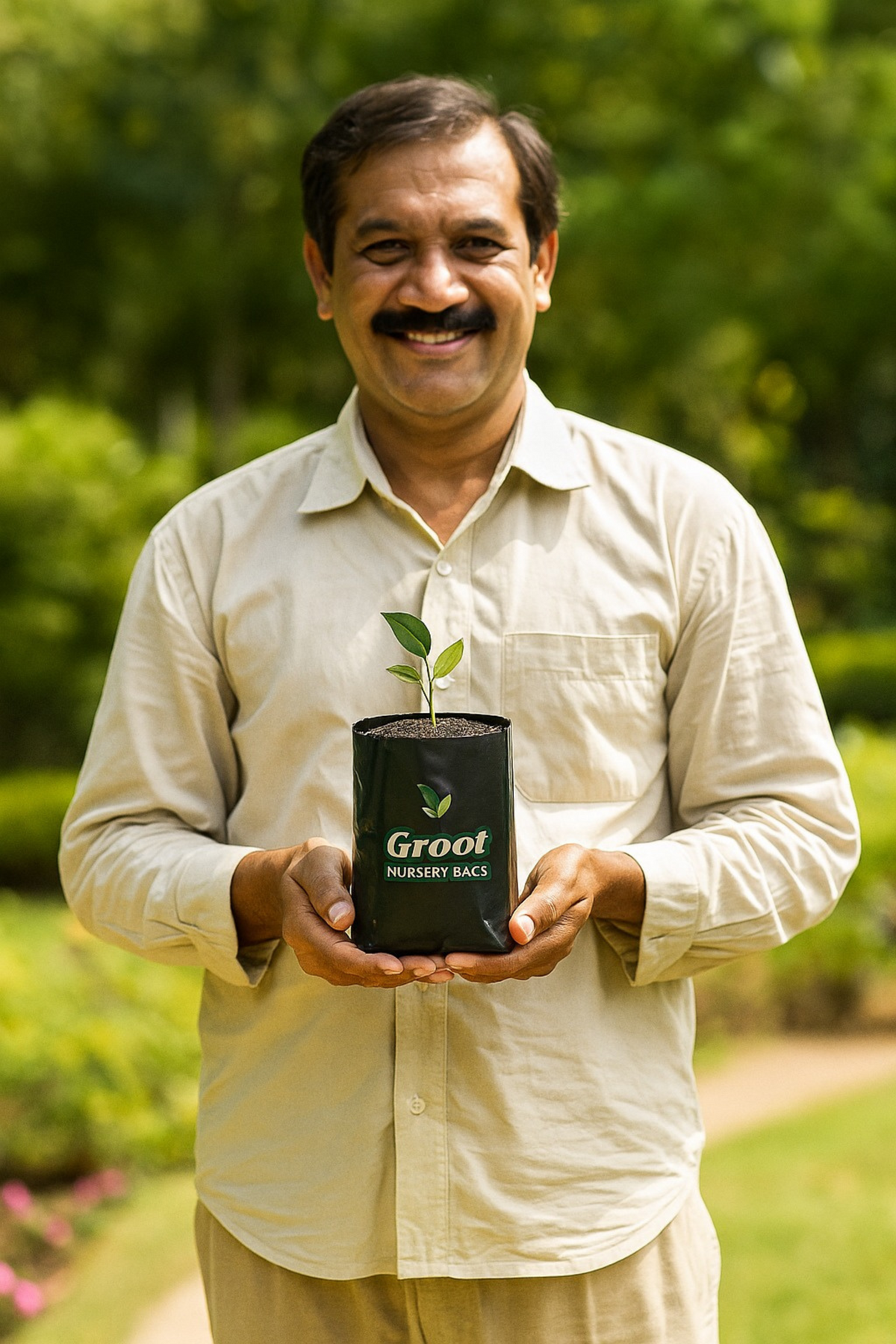 A smiling man in a light beige shirt holds a small green plant in a black Groot Nursery Back pot, set against a blurred green garden background.